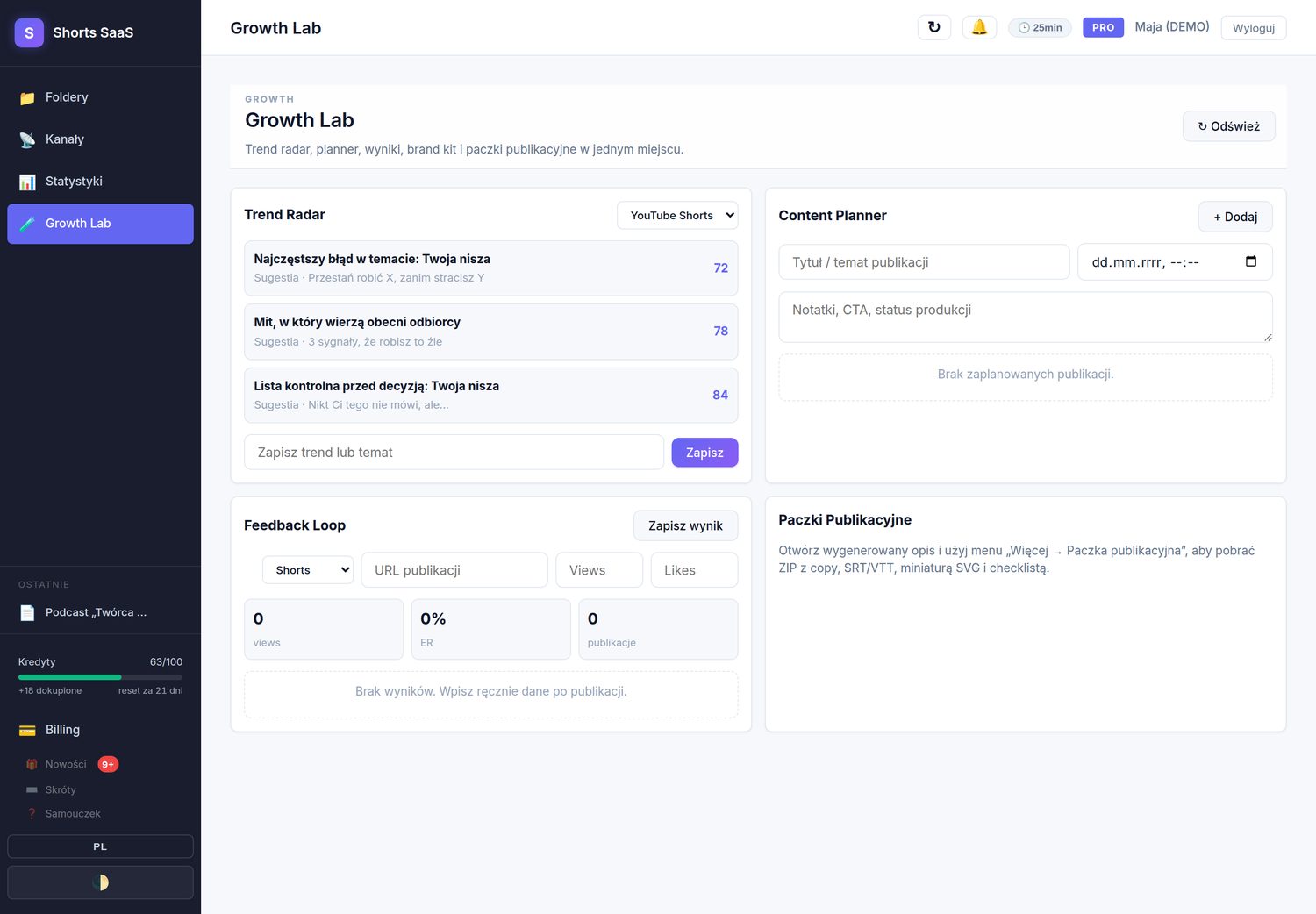 Growth Lab — trend radar, planner i wyniki