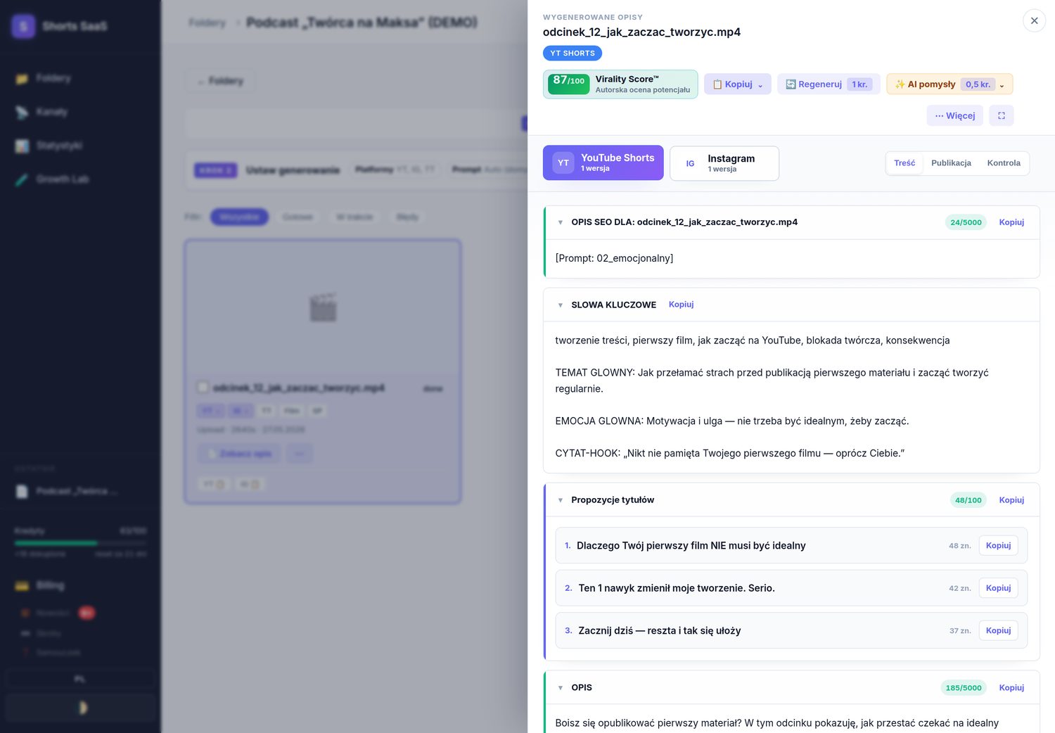 Wygenerowany opis z oceną Virality Score w aplikacji Digital Wizard